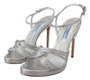 Prada Silberne Leder-Sandalen Knöchelriemen-Absätze Stiletto