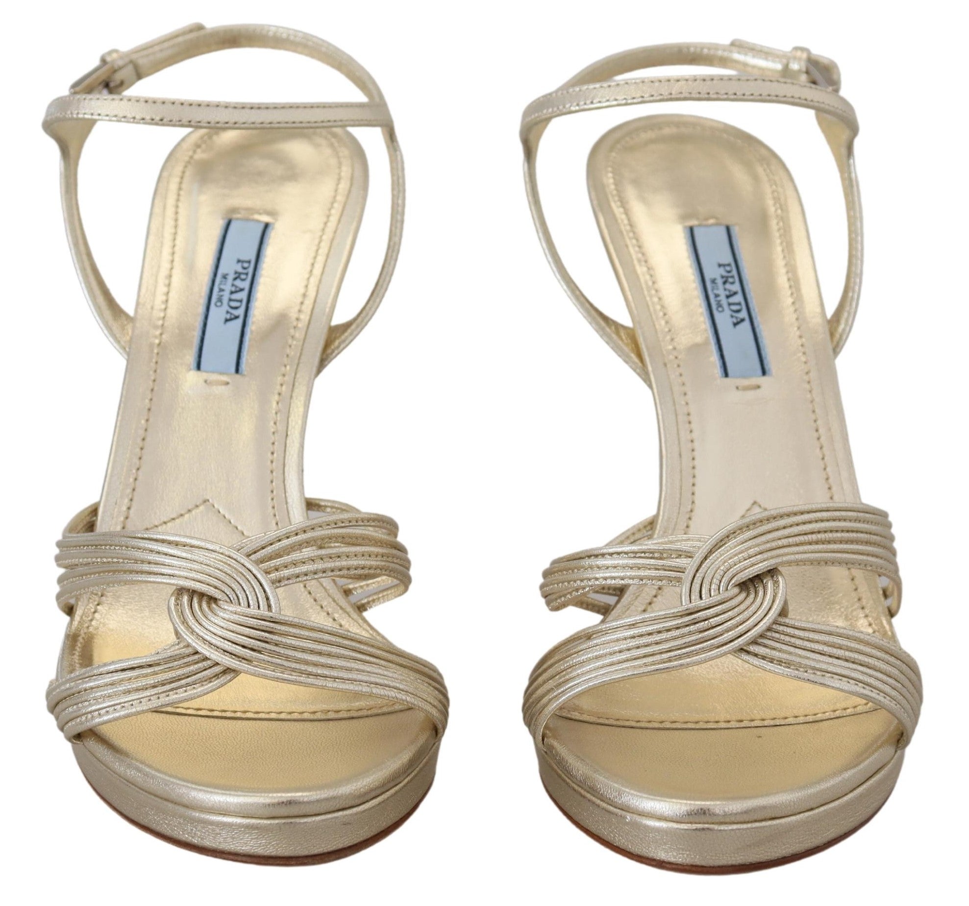 Prada Goldene Leder-Sandalen Knöchelriemen-Absätze Stiletto-Sandale