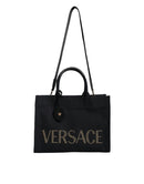 Versace Schwarze Top Handle Canvas Leder Logo Crossbody Tote Bag