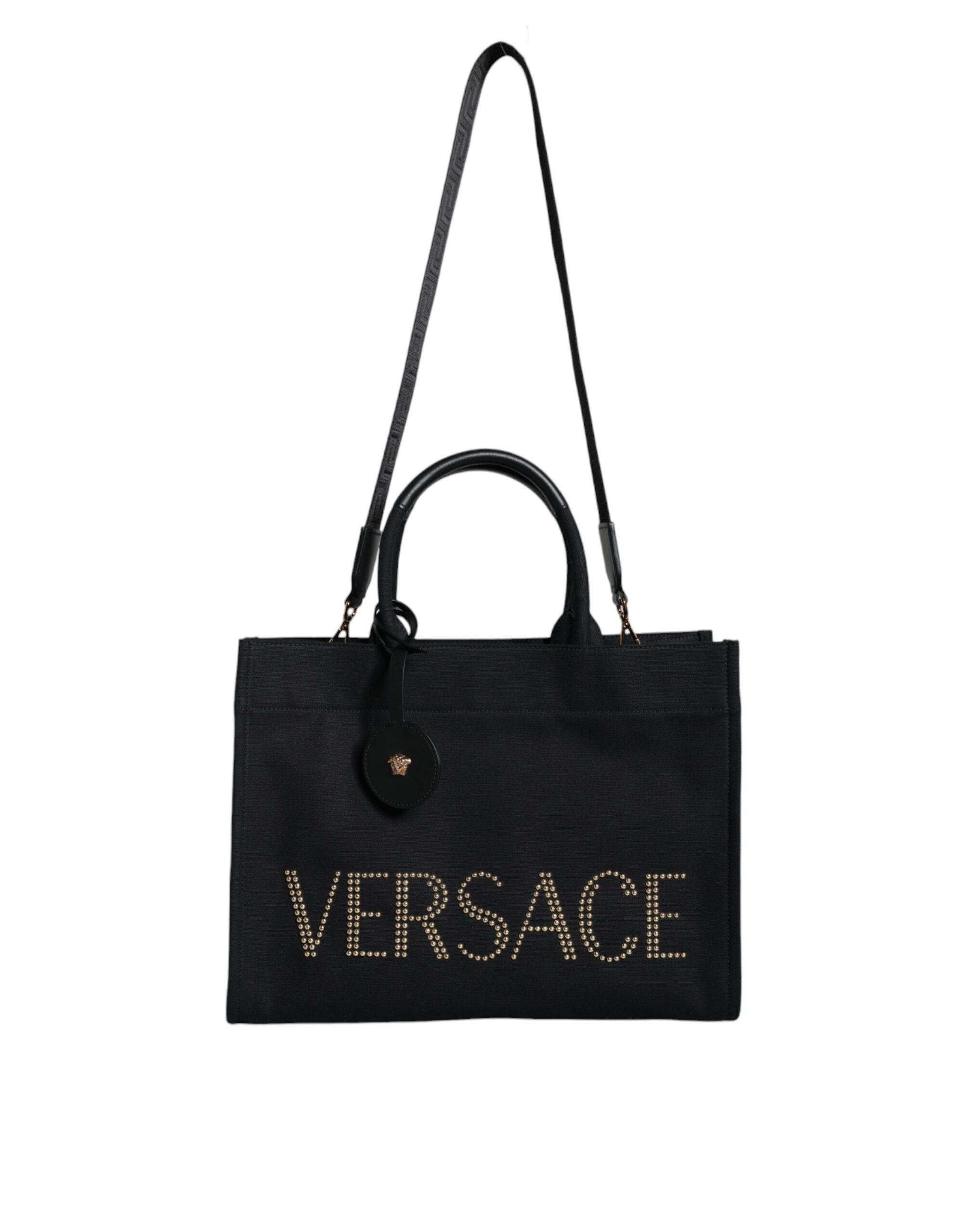 Versace Schwarze Top Handle Canvas Leder Logo Crossbody Tote Bag
