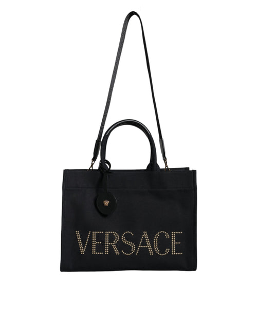 Versace Schwarze Top Handle Canvas Leder Logo Crossbody Tote Bag