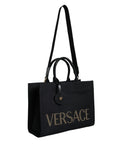 Versace Schwarze Top Handle Canvas Leder Logo Crossbody Tote Bag