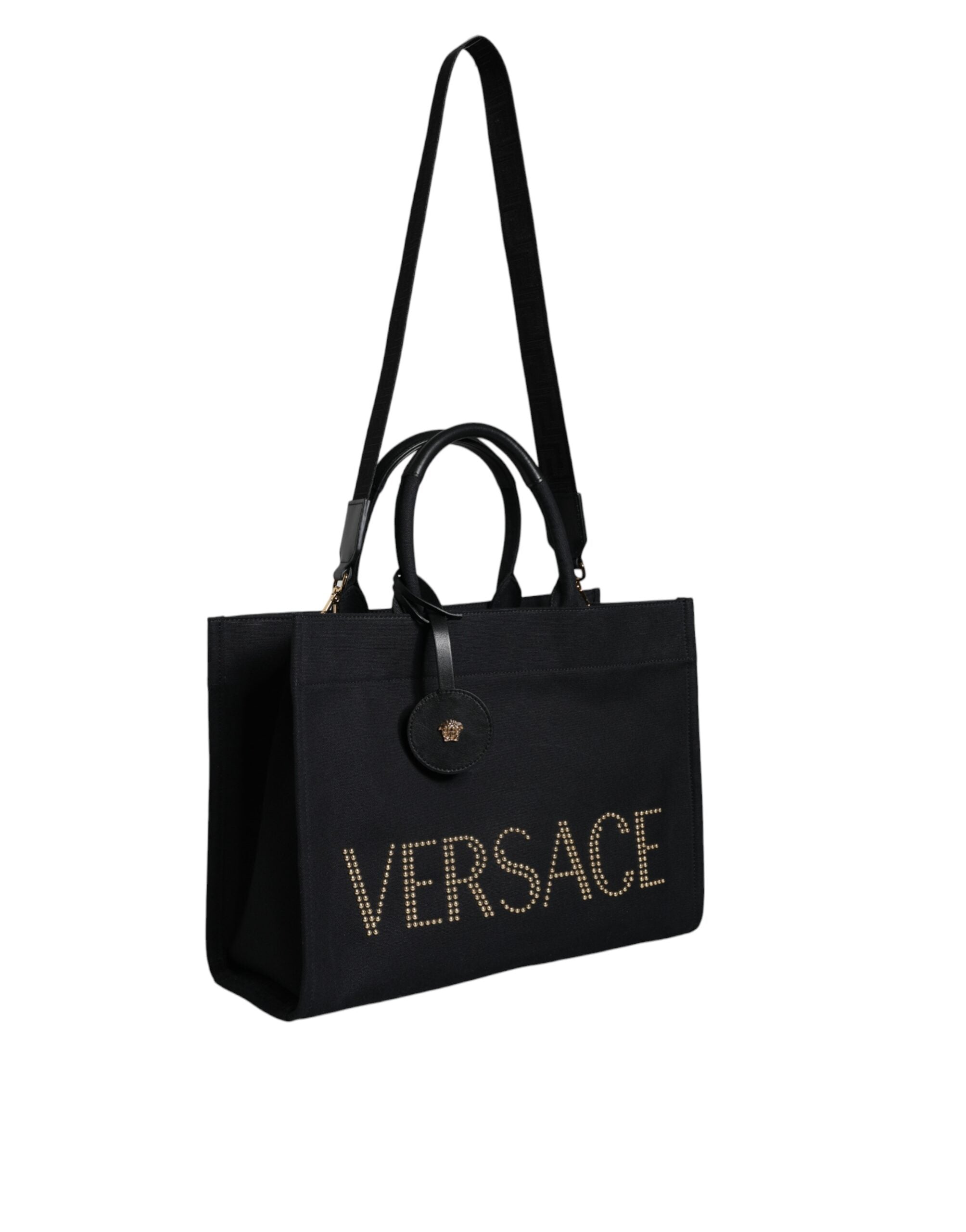Versace Schwarze Top Handle Canvas Leder Logo Crossbody Tote Bag