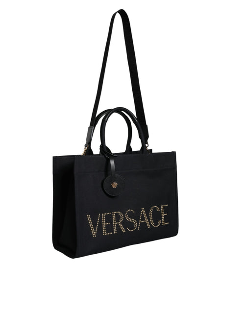 Versace Schwarze Top Handle Canvas Leder Logo Crossbody Tote Bag