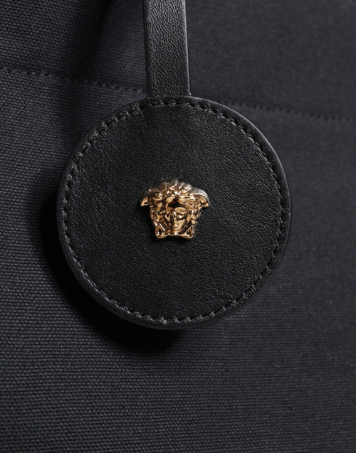 Versace Schwarze Top Handle Canvas Leder Logo Crossbody Tote Bag