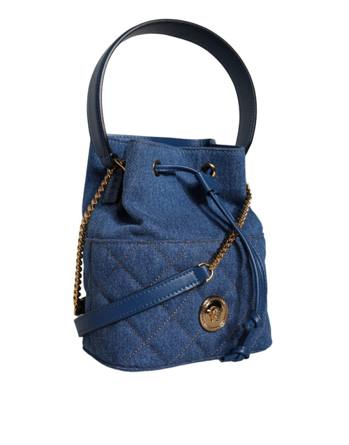 Versace Blaue gesteppte Denim Leder Crossbody Umhängetasche