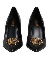 Versace Schwarz Leder Logo Plaque High Heels Pumps Schuhe