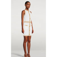 Balmain Weißes Viskose-Damenkleid mit goldenen Kunstknöpfen