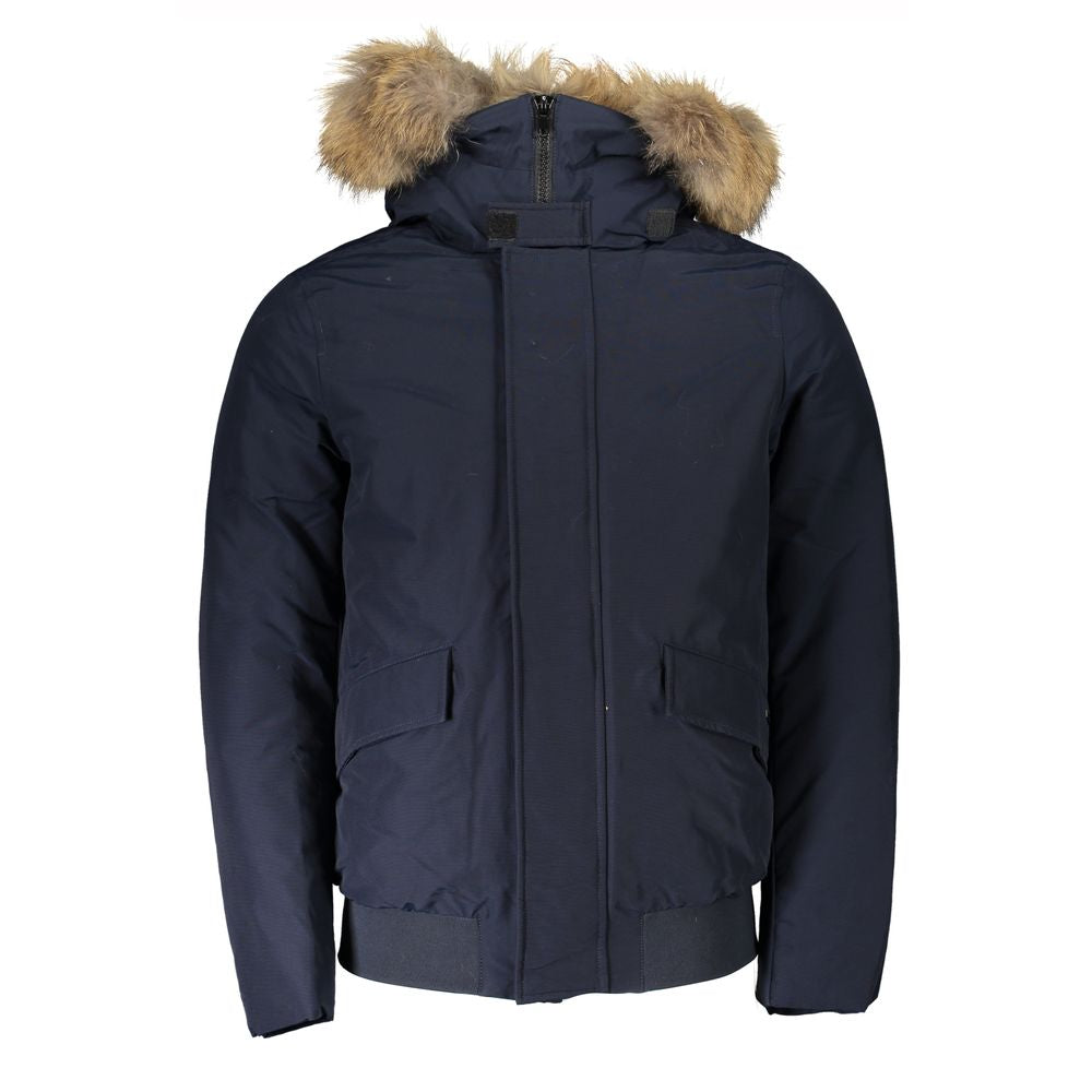Woolrich Blaue Baumwolljacke für Männer mit abnehmbarer Kapuze