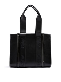 Chloé Schwarze Ledertasche mit gesticktem Woody-Logo (Medium Tote Bag)