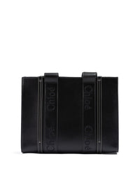 Chloé Schwarze Ledertasche mit gesticktem Woody-Logo (Medium Tote Bag)